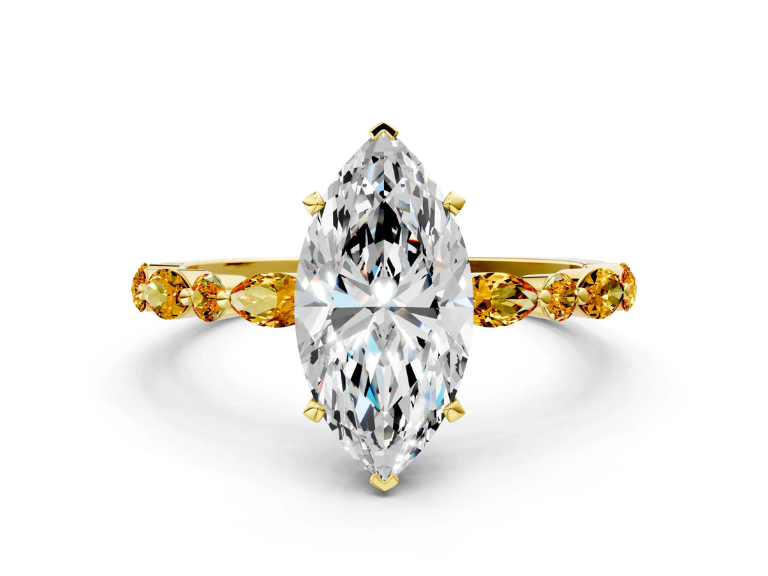 Yellow gold Marquise Cut Diamond Ring with Marquise and Round with Citrine side stone Side Stones and Four-Prong Setting_12