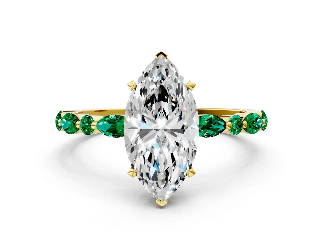 Yellow gold Marquise Cut Diamond Ring with Marquise and Round with Emerald side stone Side Stones and Four-Prong Setting_60