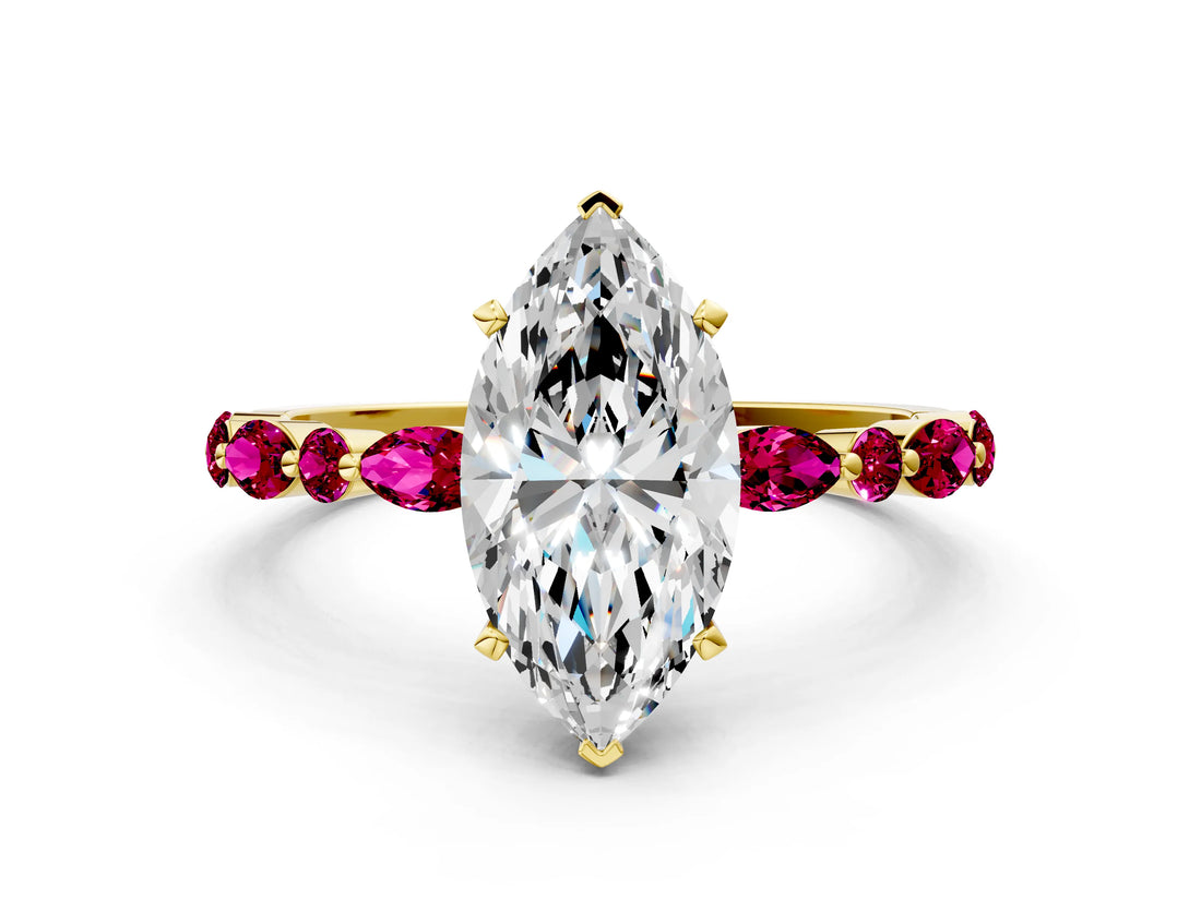 Yellow gold Marquise Cut Diamond Ring with Marquise and Round with Garnet side stone Side Stones and Four-Prong Setting_24