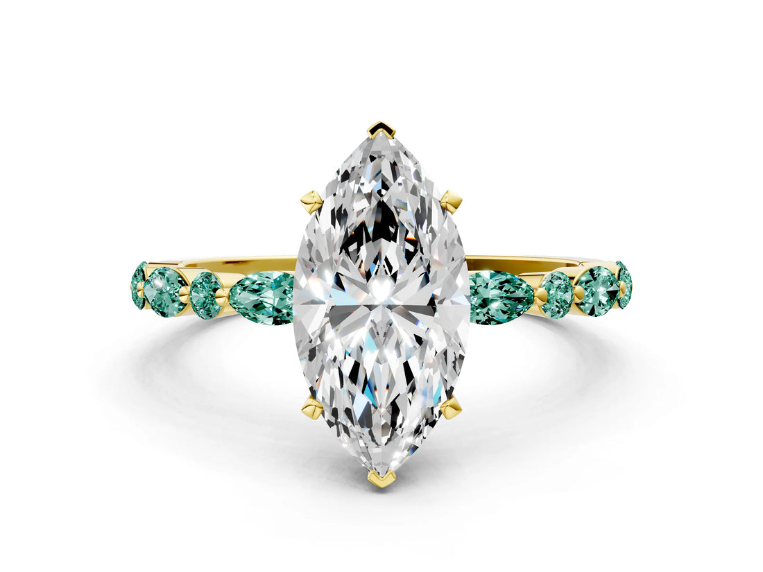 Yellow gold Marquise Cut Diamond Ring with Marquise and Round with Green Sapphire side stone Side Stones and Four-Prong Setting_12