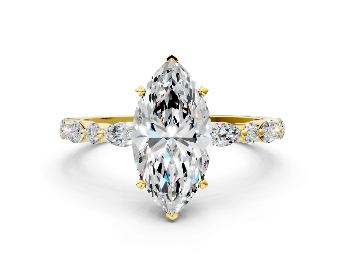 Yellow gold Marquise Cut Diamond Ring with Marquise and Round with Moissanite side stone Side Stones and Four-Prong Setting_60