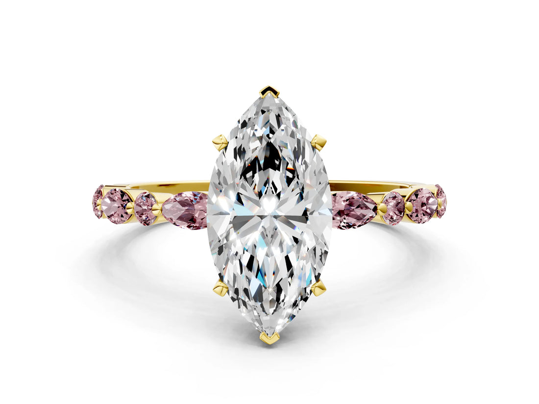 Yellow gold Marquise Cut Diamond Ring with Marquise and Round with Morganite side stone Side Stones and Four-Prong Setting_24