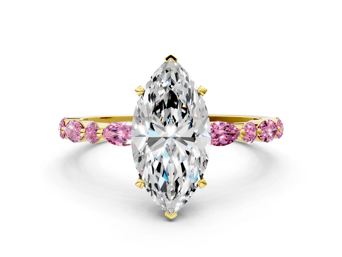 Yellow gold Marquise Cut Diamond Ring with Marquise and Round with Pink Sapphire side stone Side Stones and Four-Prong Setting_12