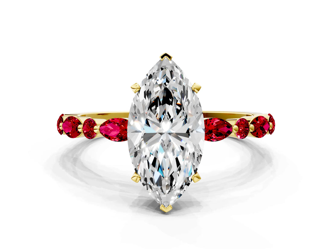 Yellow gold Marquise Cut Diamond Ring with Marquise and Round with Ruby side stone Side Stones and Four-Prong Setting_36