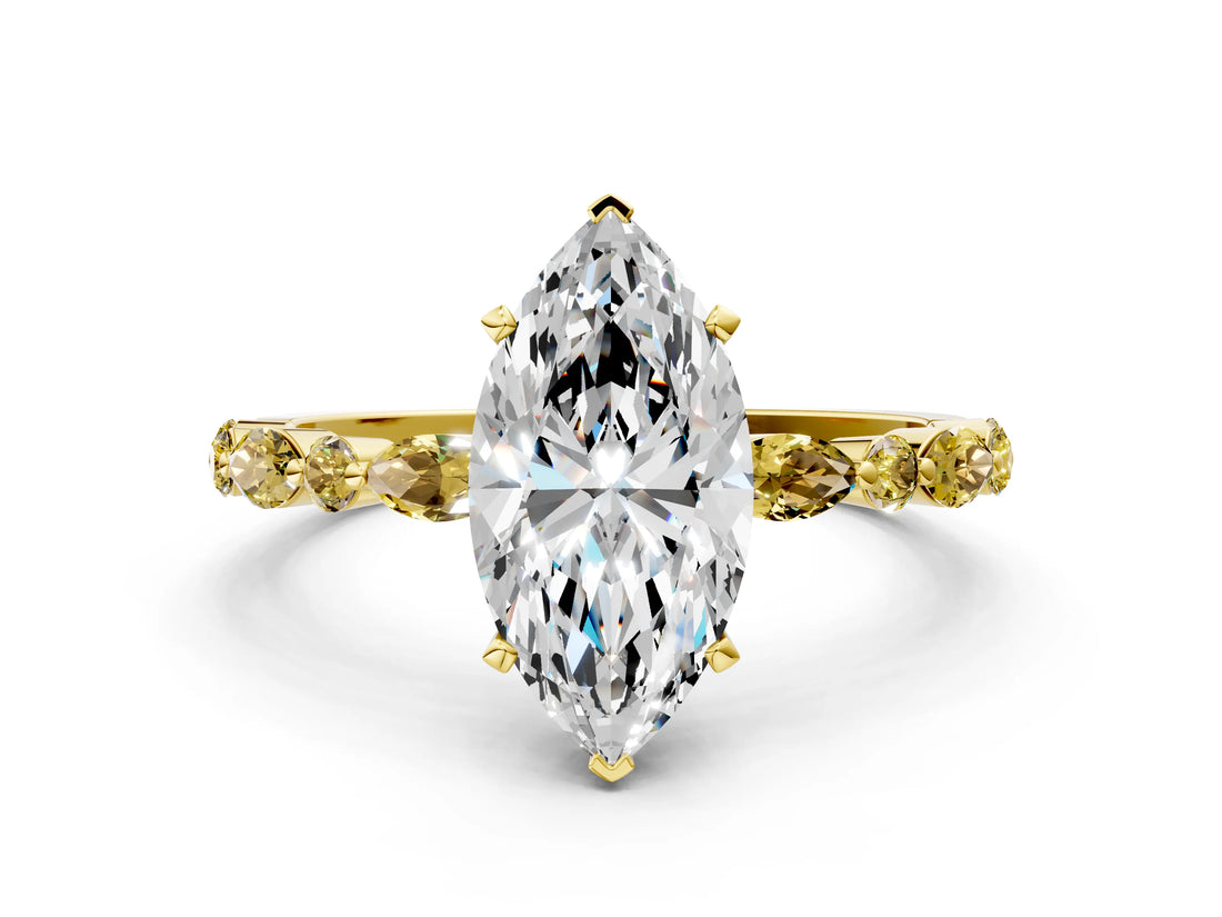 Yellow gold Marquise Cut Diamond Ring with Marquise and Round with Yellow Sapphire side stone Side Stones and Four-Prong Setting_24