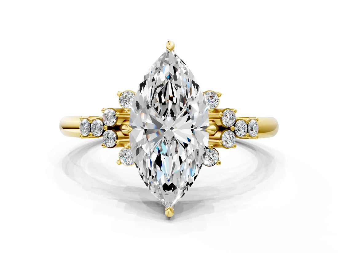 Yellow gold Marquise Cut Diamond Ring with Side Stones and Four-Prong Setting_98