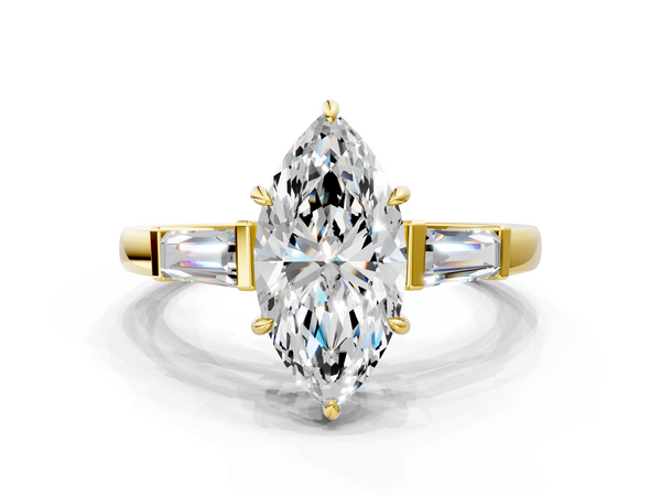 Yellow gold Marquise Cut Diamond Ring with Tapered Baguette Side Stones in Four-Prong Setting