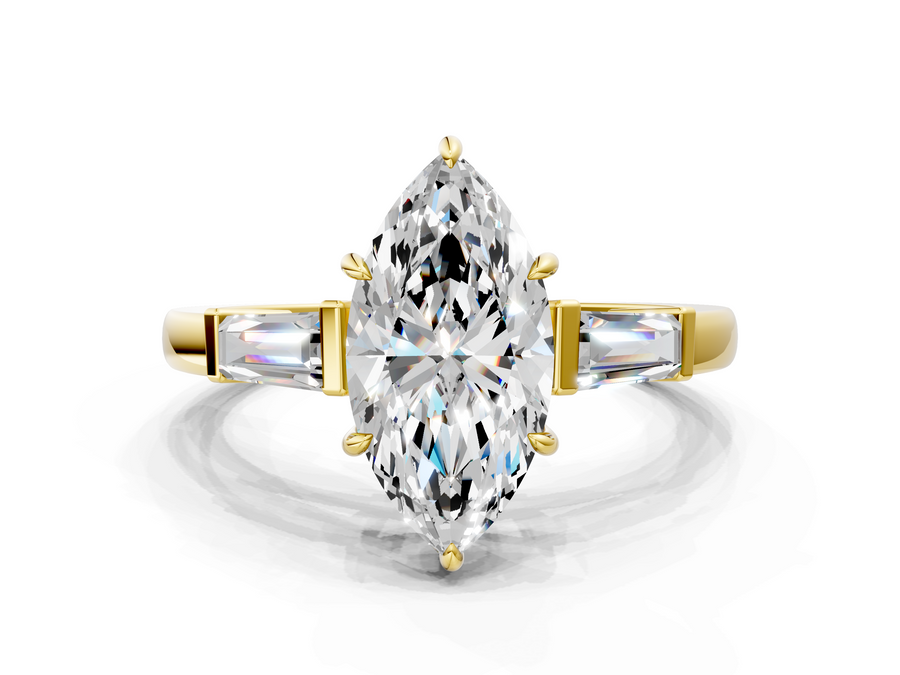 Yellow gold Marquise Cut Diamond Ring with Tapered Baguette Side Stones in Four-Prong Setting