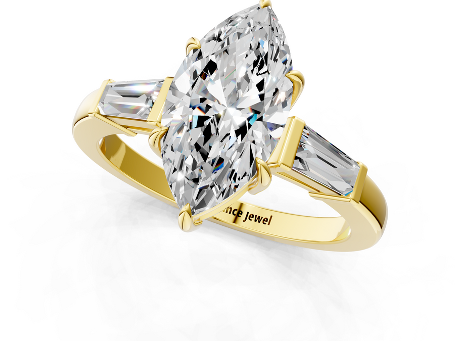 Yellow gold Marquise Cut Diamond Ring with Tapered Baguette Side Stones in Four-Prong Setting
