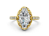 Yellow gold Marquise Cut Diamond Scalloped Halo Engagement Ring with Round Shared Prong Band_12