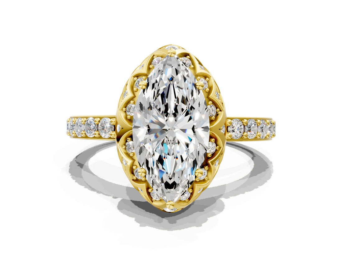 Yellow gold Marquise Cut Diamond Scalloped Halo Engagement Ring with Round Shared Prong Band_24