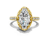 Yellow gold Marquise Cut Diamond Scalloped Halo Engagement Ring with Round Shared Prong Band_24