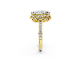 Yellow gold Marquise Cut Diamond Scalloped Halo Engagement Ring with Round Shared Prong Band_26