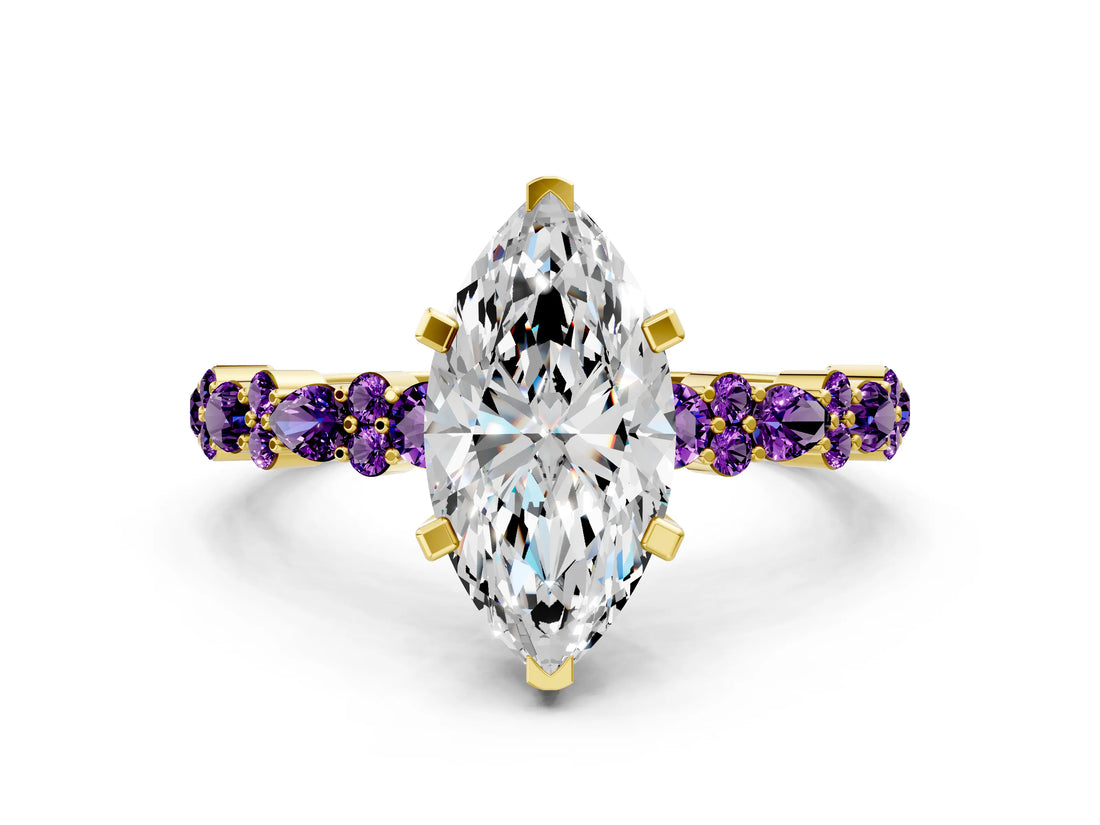 Yellow gold Marquise Cut Diamond Side Stone Solitaire Ring with Round with Amethyst side stone and Four-Prong Setting
