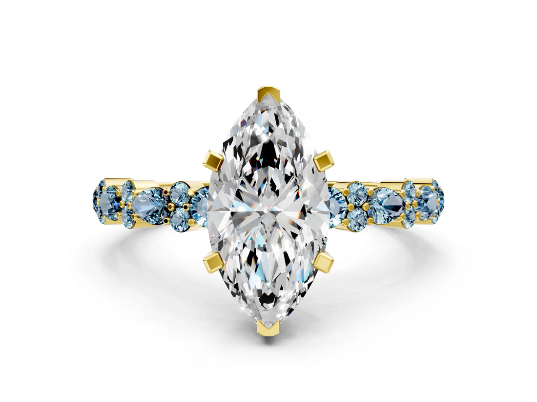 Yellow gold Marquise Cut Diamond Side Stone Solitaire Ring with Round with Aquamarine side stone and Four-Prong Setting