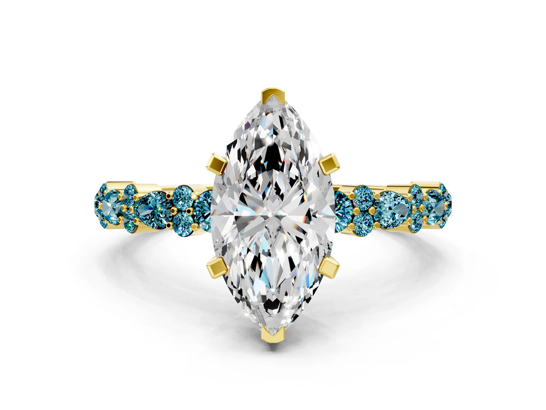 Yellow gold Marquise Cut Diamond Side Stone Solitaire Ring with Round with Blue Topaz side stone and Four-Prong Setting