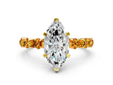 Yellow gold Marquise Cut Diamond Side Stone Solitaire Ring with Round with Citrine side stone and Four-Prong Setting