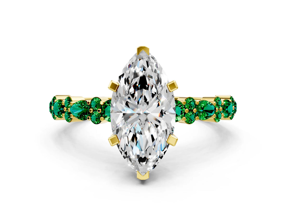 Yellow gold Marquise Cut Diamond Side Stone Solitaire Ring with Round with Emerald side stone and Four-Prong Setting
