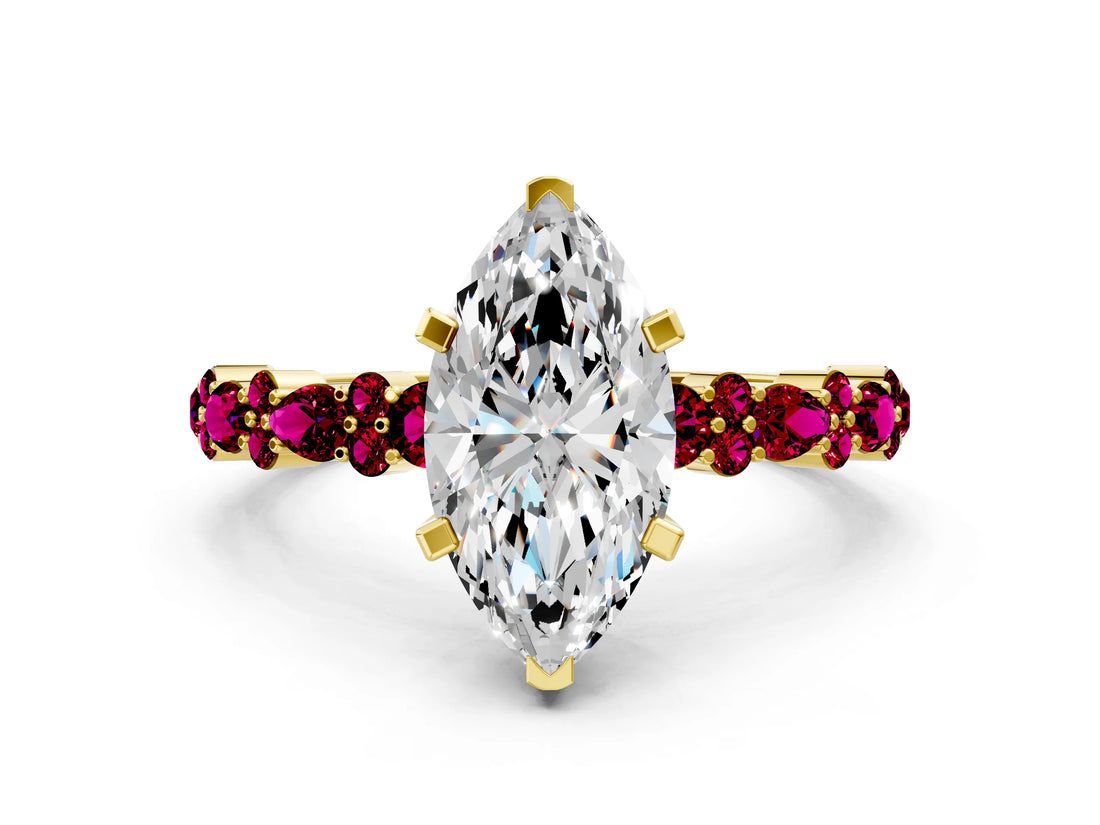 Yellow gold Marquise Cut Diamond Side Stone Solitaire Ring with Round with Garnet side stone and Four-Prong Setting