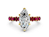 Yellow gold Marquise Cut Diamond Side Stone Solitaire Ring with Round with Garnet side stone and Four-Prong Setting