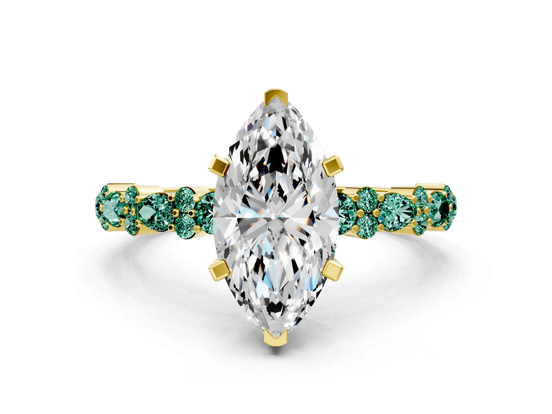 Yellow gold Marquise Cut Diamond Side Stone Solitaire Ring with Round with Green Sapphire side stone and Four-Prong Setting