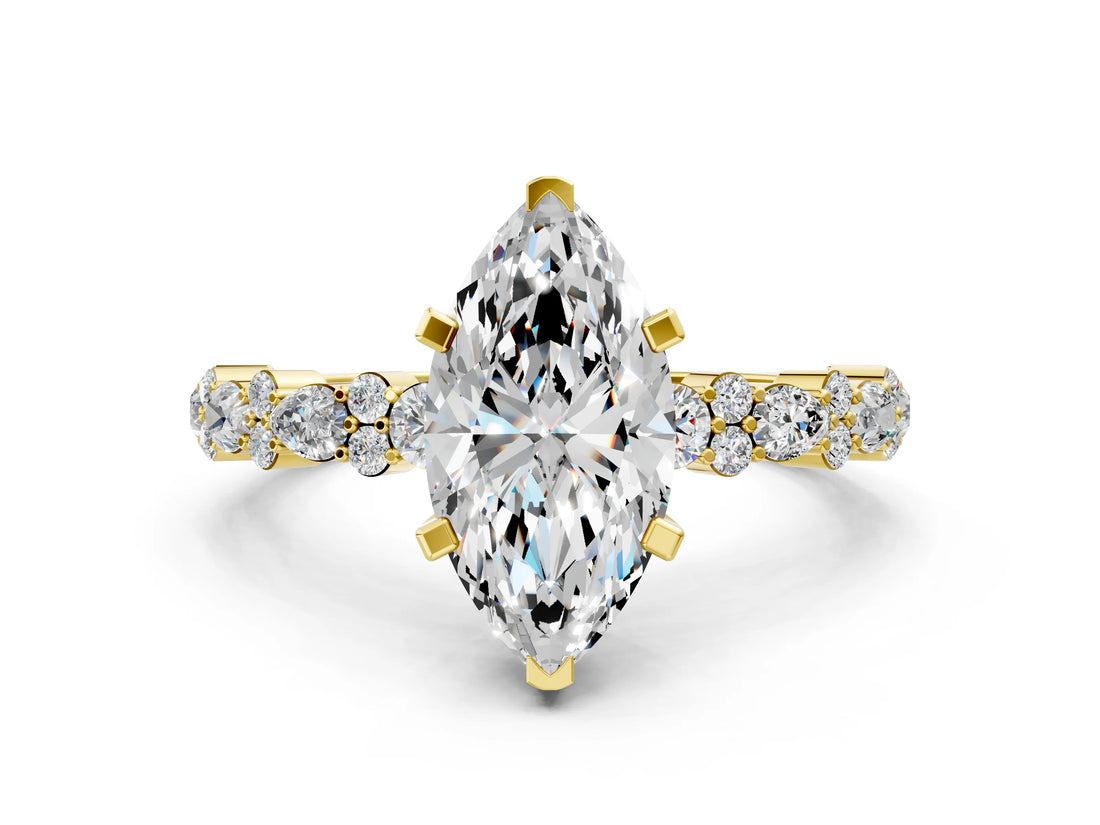 Yellow gold Marquise Cut Diamond Side Stone Solitaire Ring with Round with Moissanite side stone and Four-Prong Setting