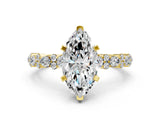 Yellow gold Marquise Cut Diamond Side Stone Solitaire Ring with Round with Moissanite side stone and Four-Prong Setting