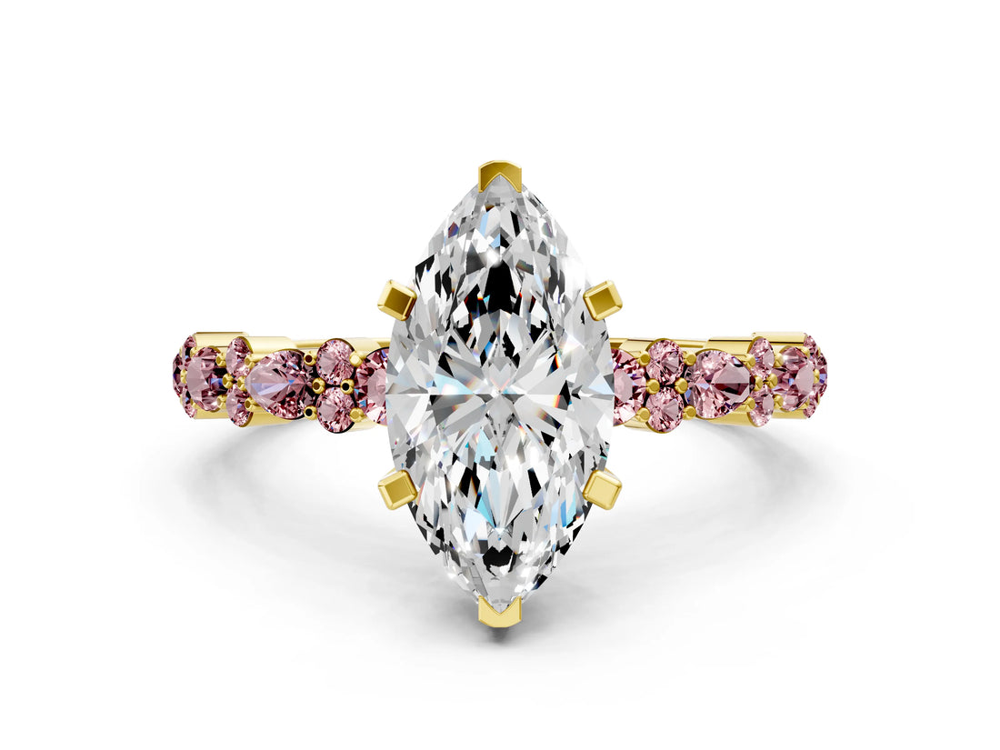 Yellow gold Marquise Cut Diamond Side Stone Solitaire Ring with Round with Morganite side stone and Four-Prong Setting