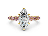 Yellow gold Marquise Cut Diamond Side Stone Solitaire Ring with Round with Morganite side stone and Four-Prong Setting