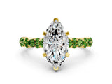 Yellow gold Marquise Cut Diamond Side Stone Solitaire Ring with Round with Peridot side stone and Four-Prong Setting