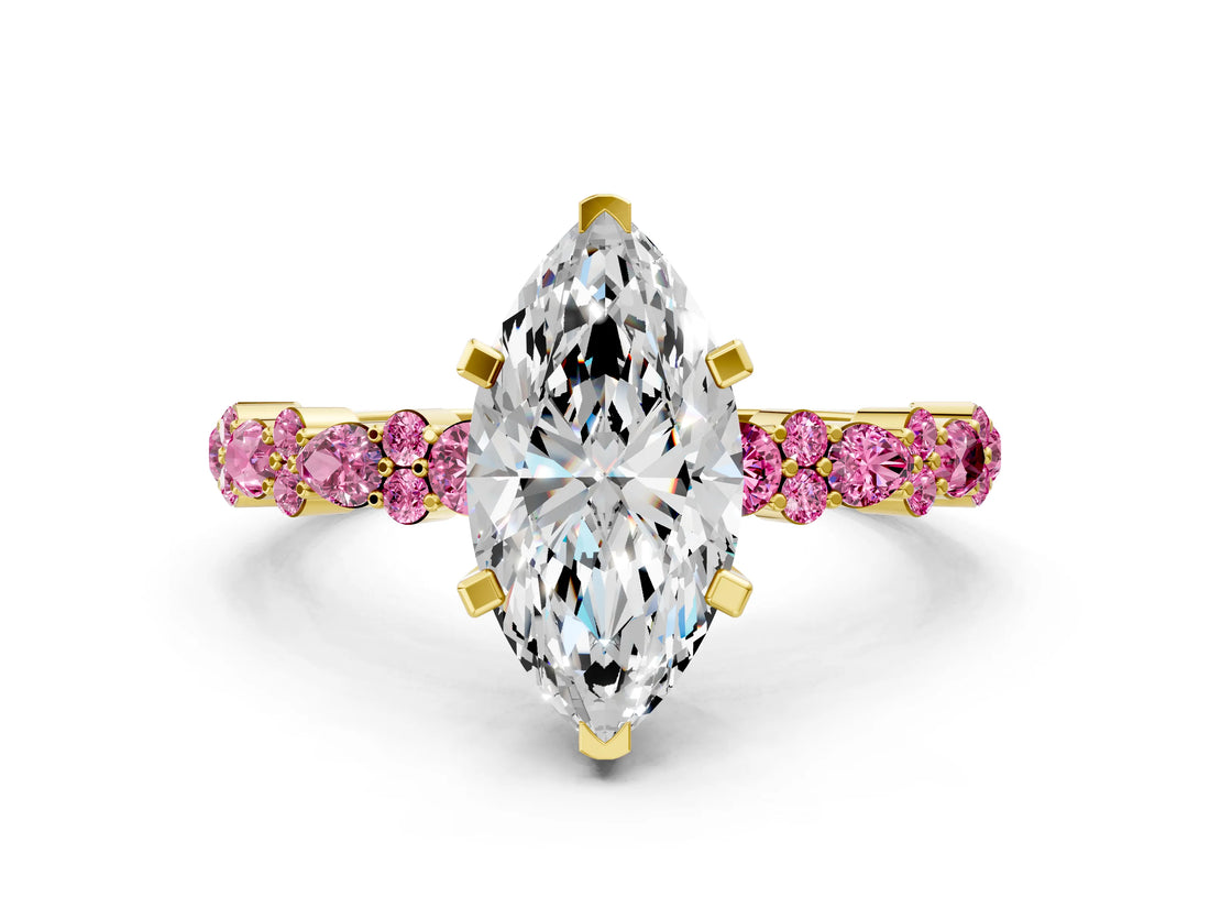Yellow gold Marquise Cut Diamond Side Stone Solitaire Ring with Round with Pink Sapphire side stone and Four-Prong Setting