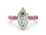 Yellow gold Marquise Cut Diamond Side Stone Solitaire Ring with Round with Pink Sapphire side stone and Four-Prong Setting