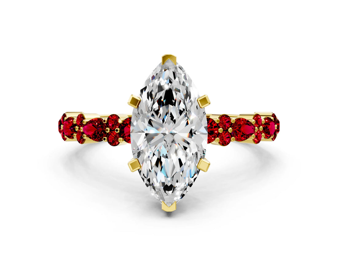 Yellow gold Marquise Cut Diamond Side Stone Solitaire Ring with Round with Ruby side stone and Four-Prong Setting