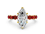 Yellow gold Marquise Cut Diamond Side Stone Solitaire Ring with Round with Ruby side stone and Four-Prong Setting