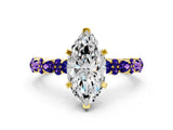 Yellow gold Marquise Cut Diamond Side Stone Solitaire Ring with Round with Tanzanite side stone and Four-Prong Setting