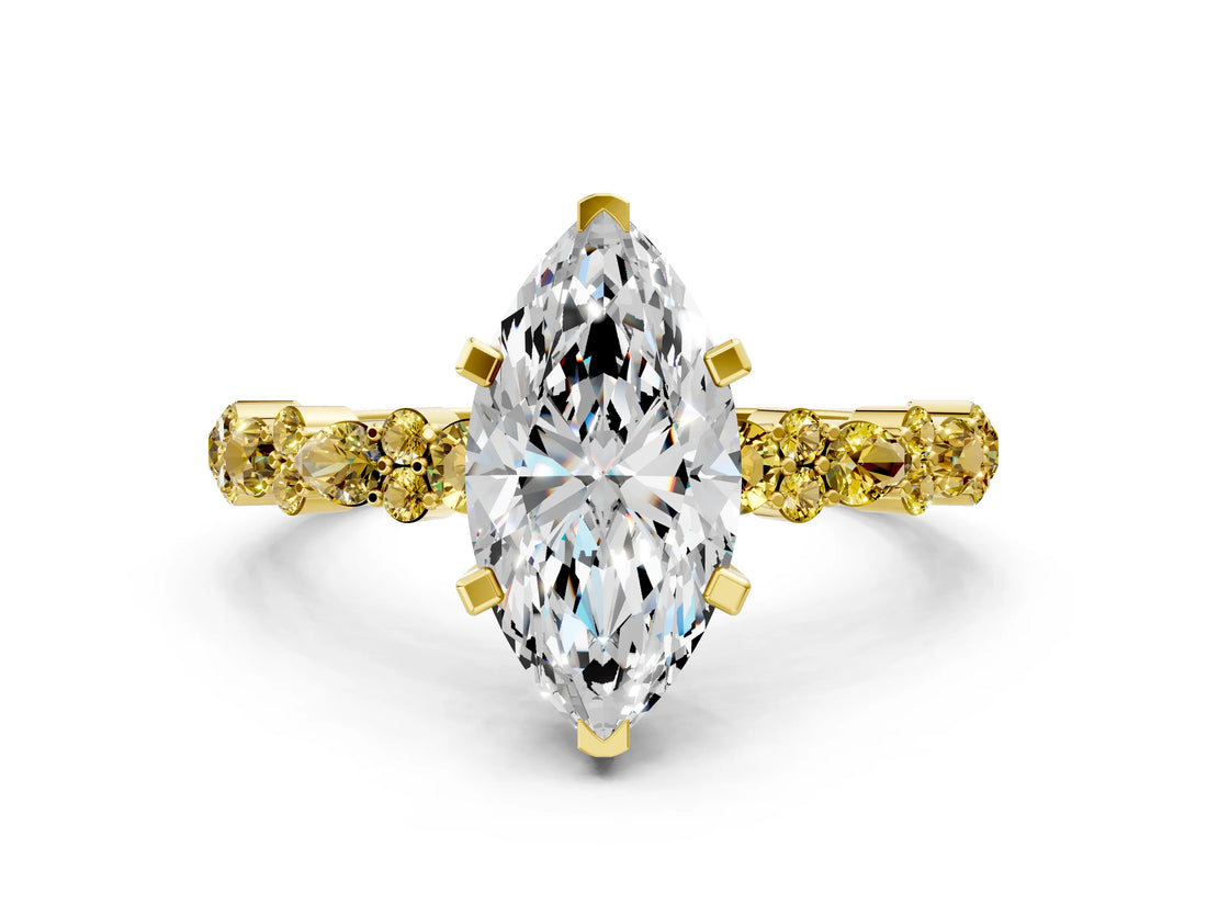 Yellow gold Marquise Cut Diamond Side Stone Solitaire Ring with Round with Yellow Sapphire side stone and Four-Prong Setting