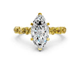 Yellow gold Marquise Cut Diamond Side Stone Solitaire Ring with Round with Yellow Sapphire side stone and Four-Prong Setting