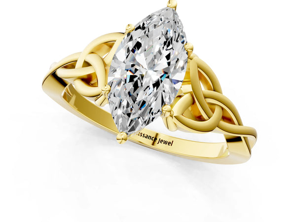 Yellow gold Marquise Cut Diamond Solitaire Celtic Knot Ring with Four-Prong Setting