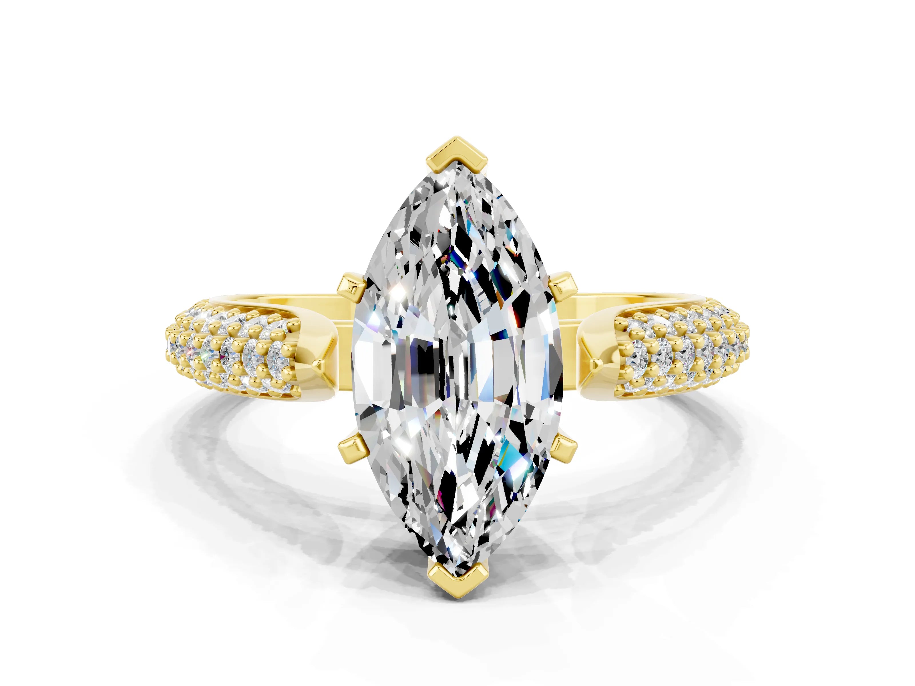 Yellow gold Marquise Cut Diamond Solitaire Engagement Ring with Pavé Band and Four-Prong Setting