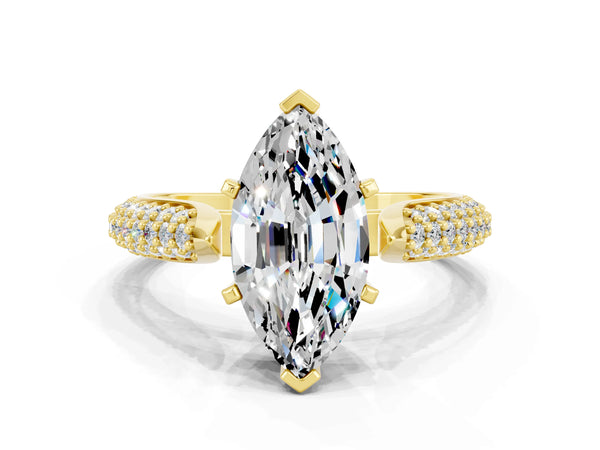 Yellow gold Marquise Cut Moissanite Solitaire Engagement Ring with Multi-Row Round Pavé Band and Prong Setting