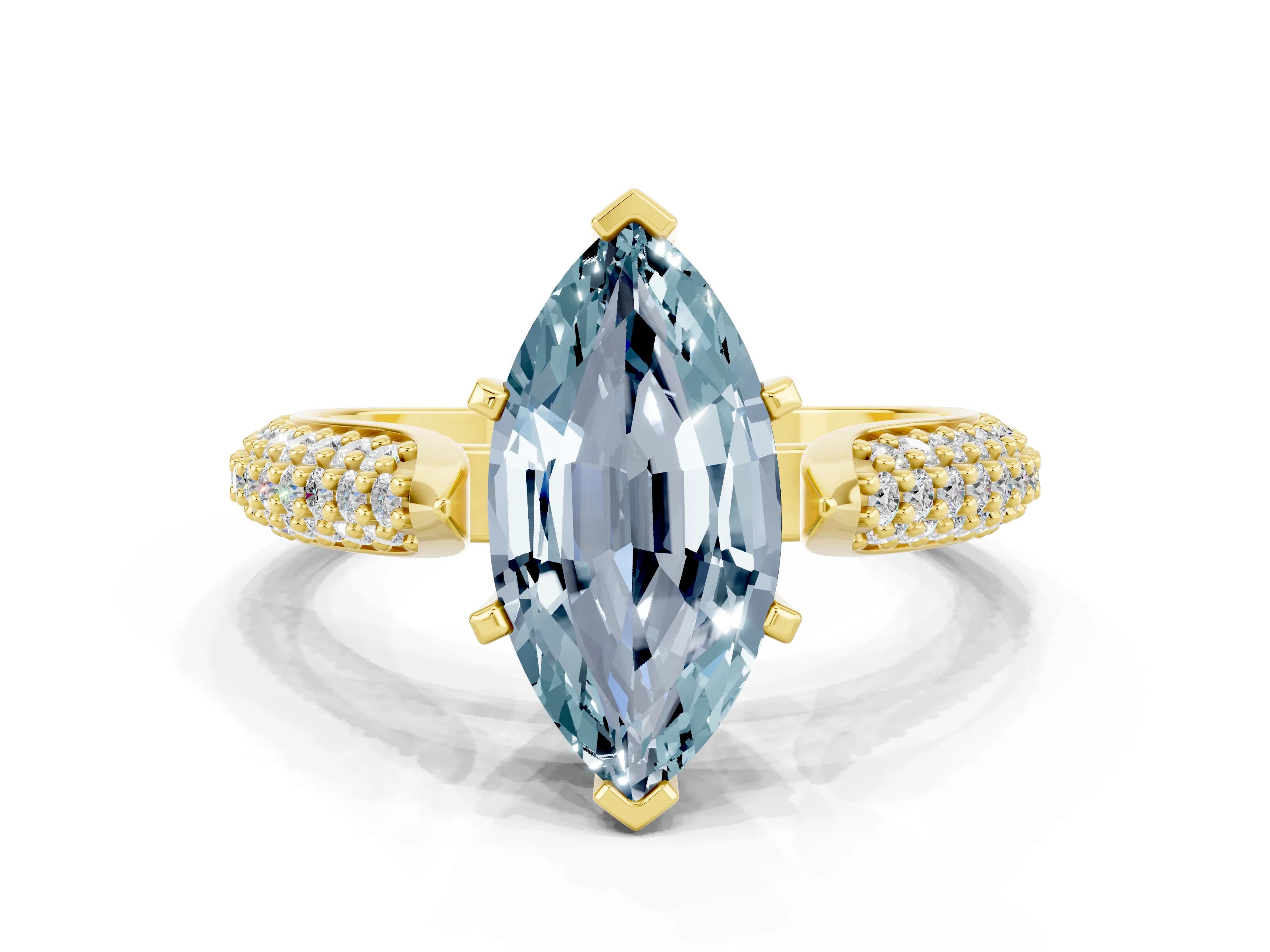 Yellow gold Marquise Cut Diamond Solitaire Engagement Ring with Pavé Band and Four-Prong Setting