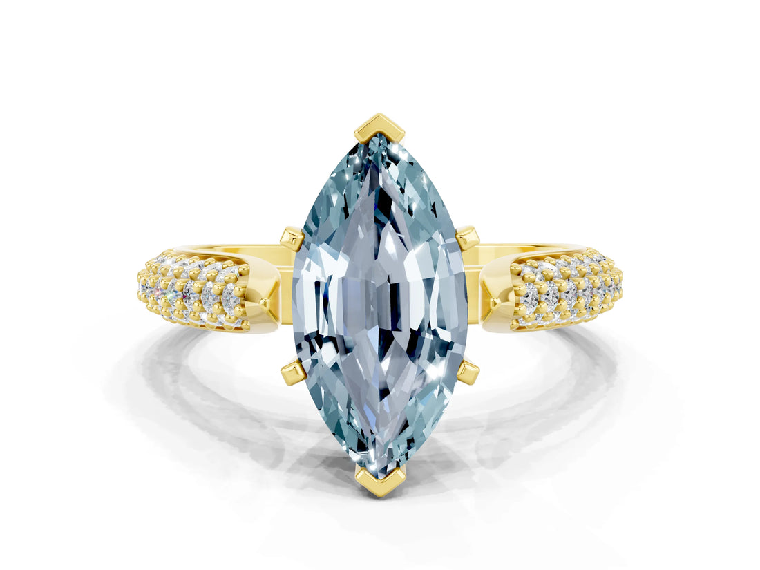 Yellow gold Marquise Cut Diamond Solitaire Engagement Ring with Pavé Band and Four-Prong Setting