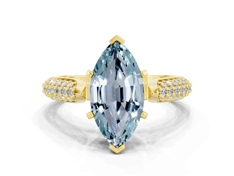 Yellow gold Marquise Cut Diamond Solitaire Engagement Ring with Pavé Band and Four-Prong Setting