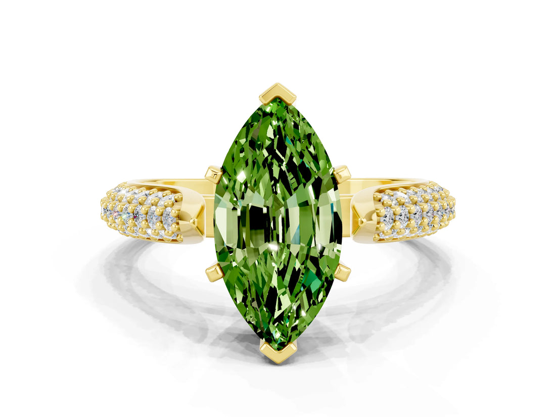 Yellow gold Marquise Cut Diamond Solitaire Engagement Ring with Pavé Band and Four-Prong Setting