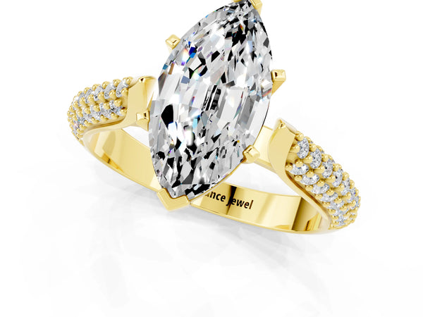 Yellow gold Marquise Cut Moissanite Solitaire Engagement Ring with Multi-Row Round Pavé Band and Prong Setting