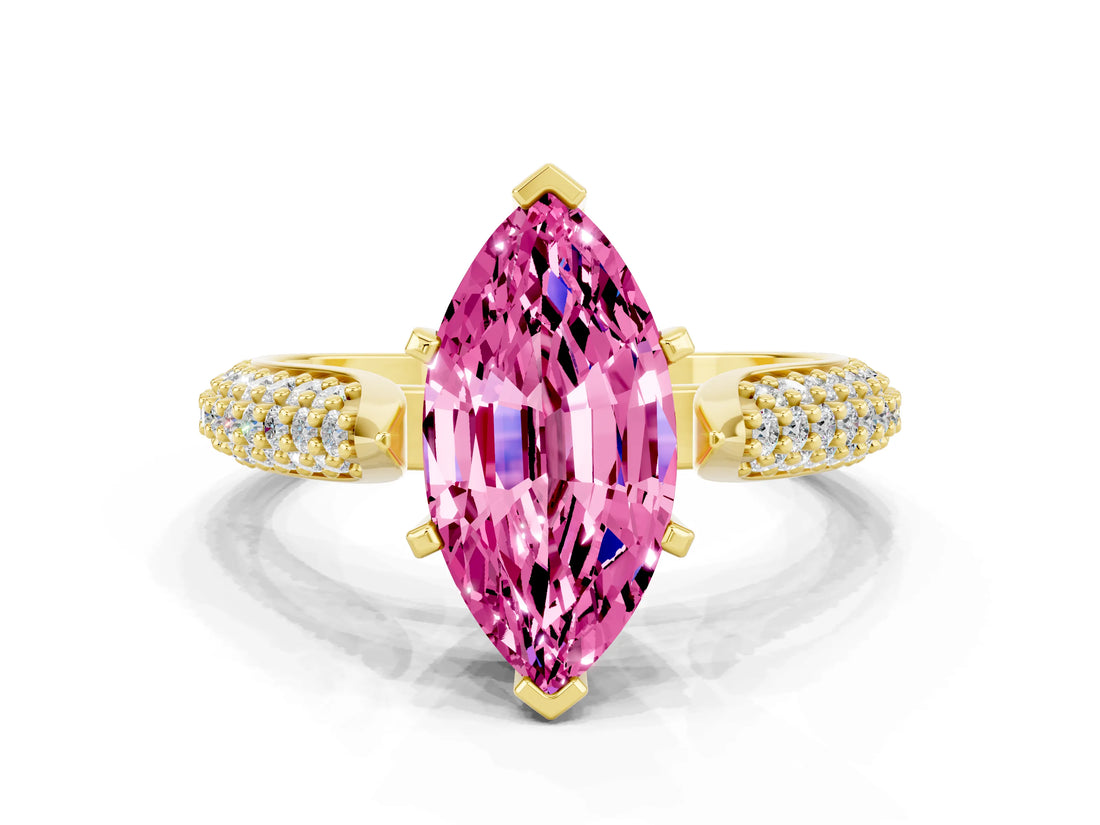 Yellow gold Marquise Cut Diamond Solitaire Engagement Ring with Pavé Band and Four-Prong Setting