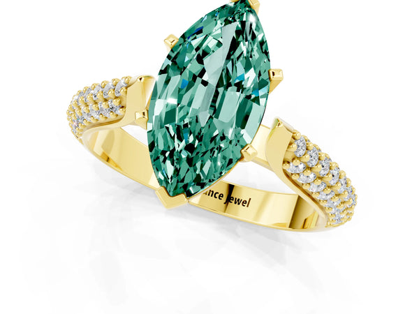 Yellow gold Marquise Cut Green Sapphire Solitaire Engagement Ring with Multi-Row Round Pavé Band and Prong Setting