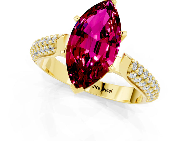 Yellow gold Marquise Cut Garnet Solitaire Engagement Ring with Multi-Row Round Pavé Band and Prong Setting