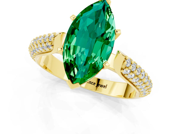 Yellow gold Marquise Cut Emerald Solitaire Engagement Ring with Multi-Row Round Pavé Band and Prong Setting