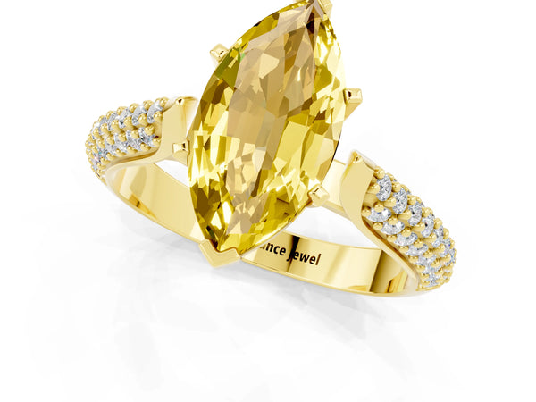 Yellow gold Marquise Cut Yellow Sapphire Solitaire Engagement Ring with Multi-Row Round Pavé Band and Prong Setting
